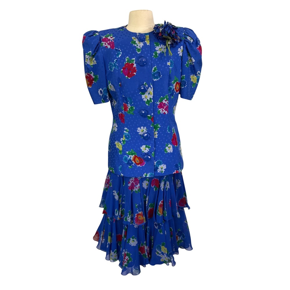 Vintage 80s Raul Blanco 100% Silk‎ Floral Polka Dot Blue Skirt Suit Set, Size 10